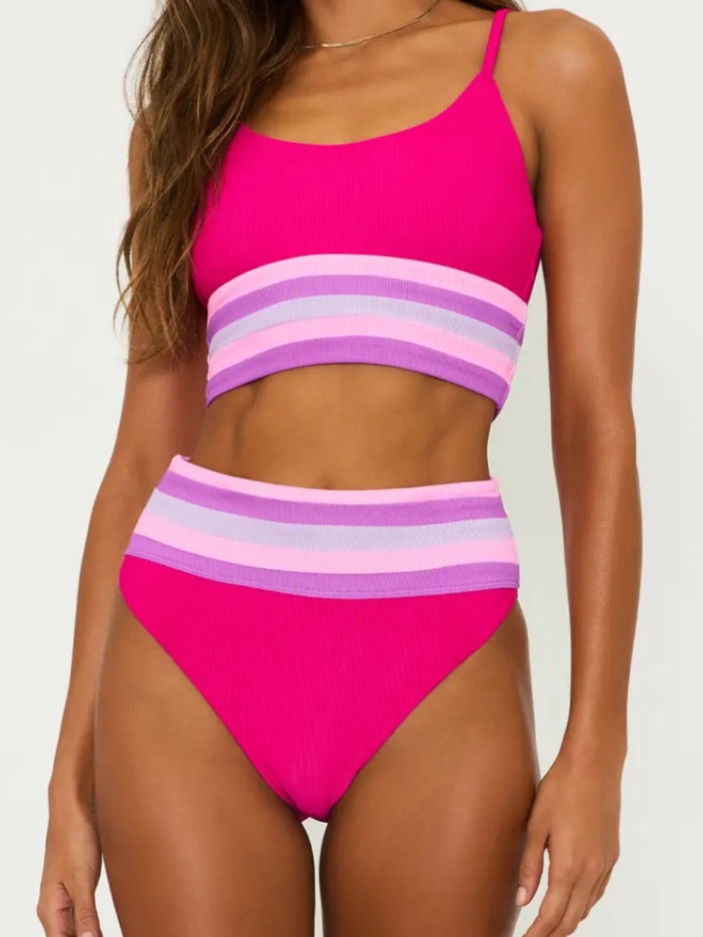 Beach Riot Hot Pink Ribbed Bikini Top with Pastel Stripe Trim